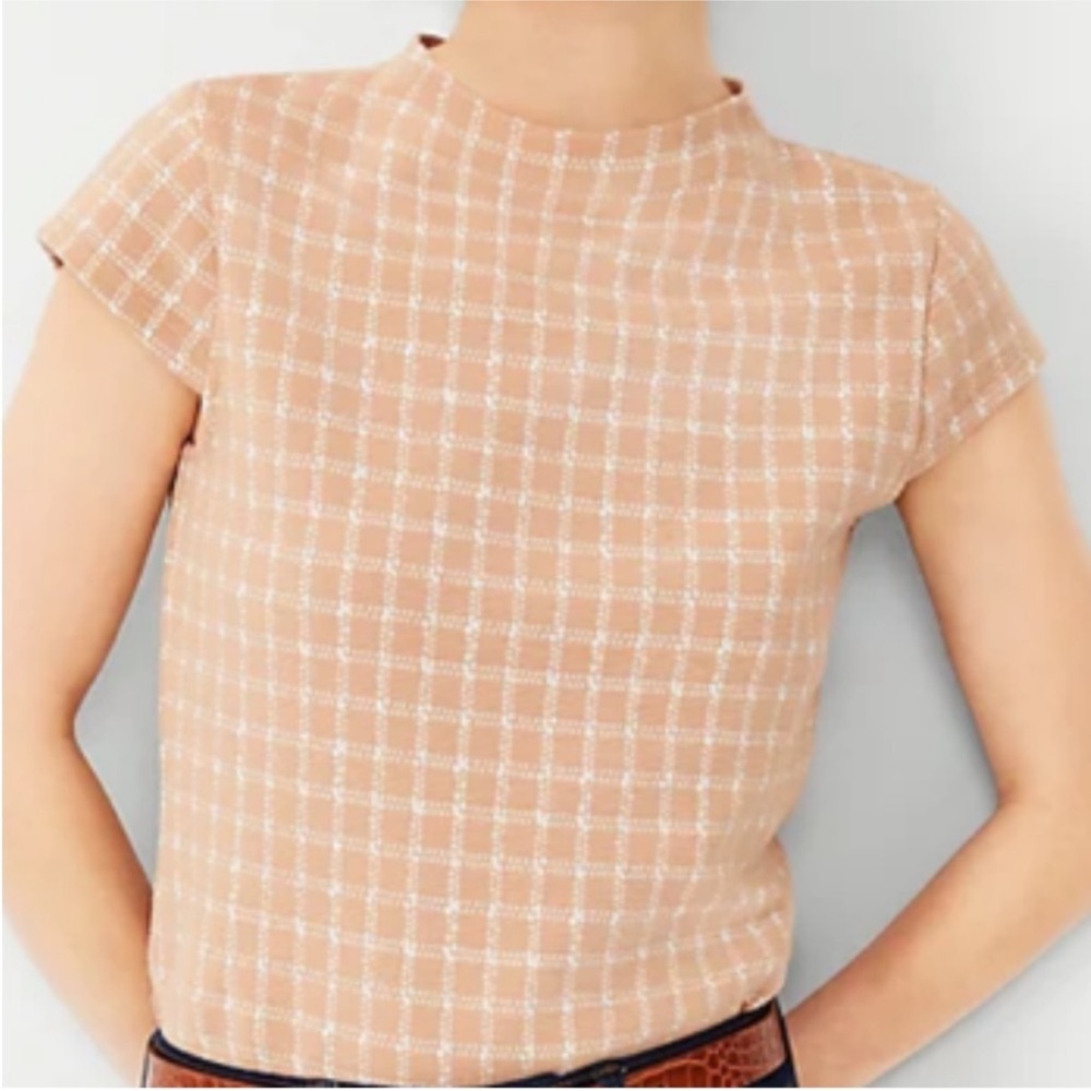 Ann Taylor High-Neck Beige Plaid Check Short-Sleeve Top